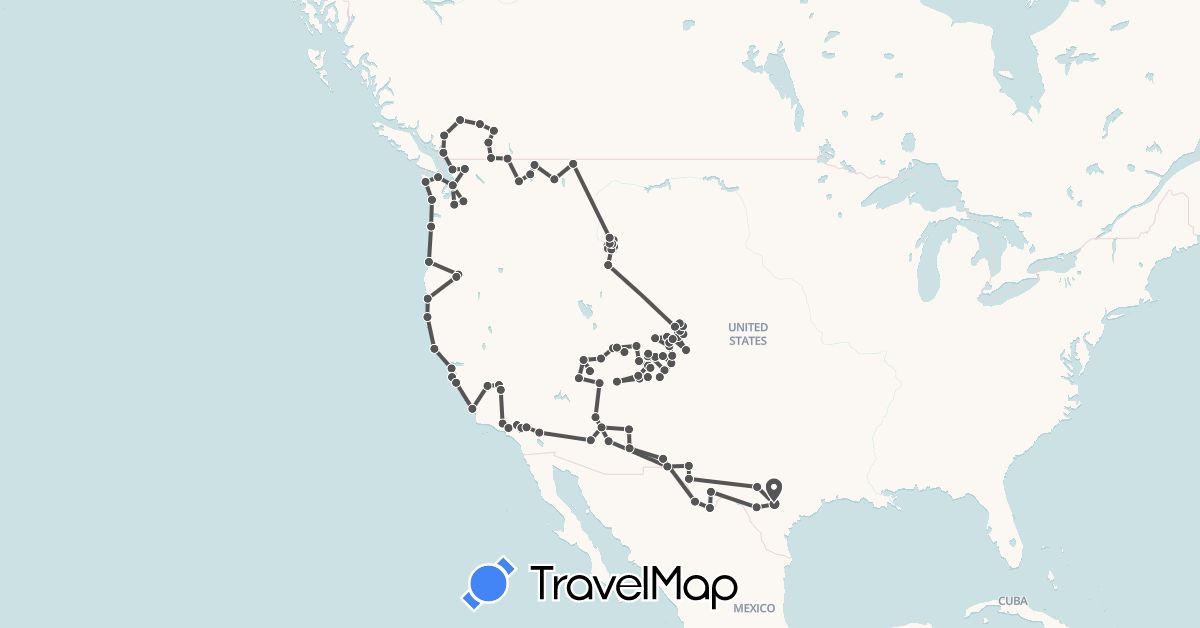 TravelMap itinerary: motorbike in Canada, United States (North America)
