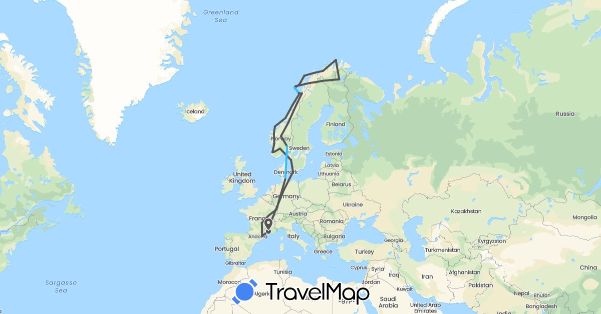 TravelMap itinerary: driving, boat, motorbike in Germany, Denmark, Finland, France, Norway, Sweden (Europe)